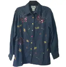 Quacker Factory Denim Shacket Shirt Jacket Embroidered Beaded Medium