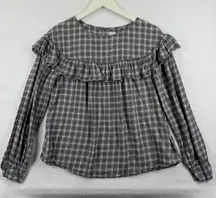 LA VIE Rebecca Taylor Plaid Ruffle Blouse Women's Medium Gray Pink Long Sleeve