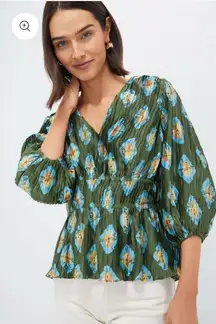 Tuckernuck Olive and Aqua Diamond Print Maisy Blouse Size M