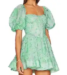 BARDOT Kiah corset mini dress, puffy sleeves, green, size 6