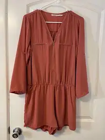 Poetry Coral Front Zip Roll Up Button Sleeve Romper, Size Medium