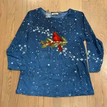 Collections Etc Blue Cardinal Snowflake Long Sleeve Top Women's Size Medium
