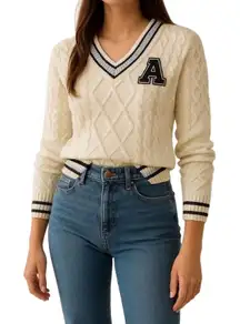 Ultra Flirt Cream Cable Knit Varsity Sweater with Black “A” Patch