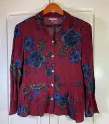 Habitat Floral Print Button Down Peplum Top‎ Red Blue Women's Size Small Church