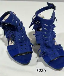 Woman’s Bar111 Size 8 Blue Suede Fringe High Chunky Heel Buckle Close Sandals