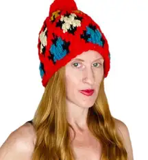 Handmade Red Colorful Geometric Crochet Winter Beanie Hat