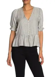 Madewell  Courtyard Ruffle-Hem Blouse Top Striped V Neck Button Black White M