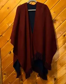 Reverisble navy/maroon fringe poncho shawl