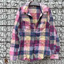 Buckle BKE Pink Yellow Blue Easy Fit Flannel Button Down Long Sleeve Shirt SMALL