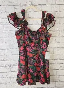 NSR Womens Size XL Off-the-shoulder Mini Dress In Black/ Pink Tropical Print