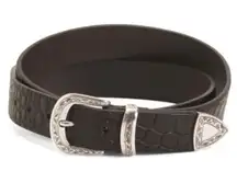 Dark Brown Leather Crocodile Embossed Western Belt  Silver Hardware Size Medium