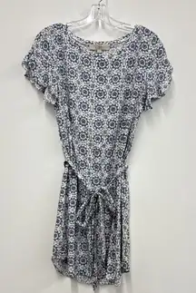 Loft Blue/Cream Blue & Cream Floral Dress with Belt - Size S
