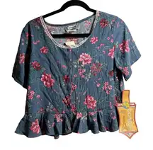 NWT VTG Floral Button Up Crop Top Ruffles‎ Short Sleeve Lace Blue Pink Sz L USA