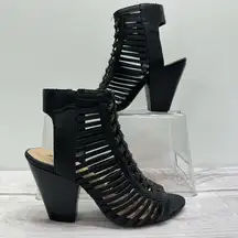 Just Fab Gwyn Black Woven Ankle High Open Toe Stacked Heel Sandals Size 5.5