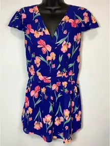 Sugar + Lips Women's Floral Print Lined Strappy Back Wrap Romper Blue Size Small