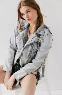 BLANK NYC  Wandering Wind Fringe Tassel Trim Studded Denim Jacket