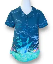 ModCloth Blue Button Front Short Sleeve Shirt Aquatic Shipwreck Shark Collared