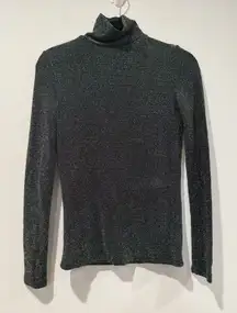 MNG Metallic Knit Top Womens XS Teal Shimmer Mock Neck Holiday Stretch Sparkle