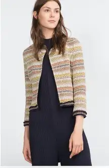 Zara Long Sleeve Jacquard Striped Crop Jacket Embroidered Detail XS Neutral