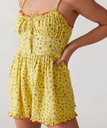 Urban Outfitters Yellow Linen Floral and Butterfly Print Short Romper // Medium