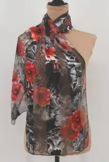 Floral Scarf Red Poppy Black‎ Gray Sheer Lightweight Classic Fall Office 60x13.5