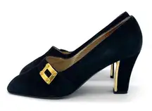 St. John Black Suede Gold Buckle Heels Made in Italy Pumps Size 7 Vintage 80s