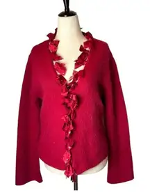 J Jill Red Wool Blend Satin Bow‎ Trim Flare Sleeve V Neck Cardigan Sweater SP