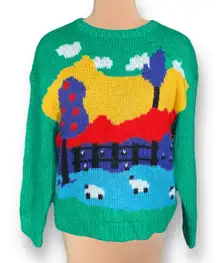 Lisa Says Gah Campagne Sheep Landscape Knit Sweater Green Colorful Knit Medium