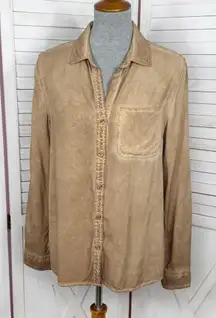 Velvet‎ Heart Oil Rubbed Look Button Up Shirt Tan Small Western Grunge Rayon