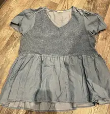 Terra&Sky Womens Denim Blouse 2X Short Sleeves 20W-22W V Neck Lyocell Flares Out