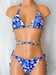 Blue & White, Tropical, Strapped, Bikini Set