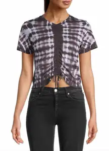 MONROW Cropped Tie Dye Babydoll Tee Short Sleeve Drawstring Gray Size XS New‎