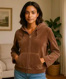 Retro Y2K Daisy Fuentes Brown Velour Zip Hoodie Lace Trim