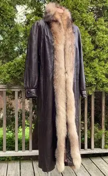 L Damselle New York Fox Fur trim Full Length Lambskin Leather Coat