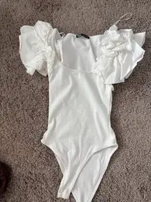 White Ruffle ZARA Bodysuit Ribbed