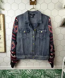 Flying Tomato Denim Jacket with Red Patterned Sweater Sleeves - Size - Medium