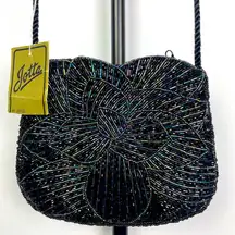 Vintage Jotta Black Iridescent Beaded Floral Crossbody Purse‎