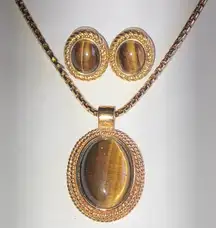 Roman Gold Tone and Brown Tigers Eye Necklace Earrings Jewelry Set
