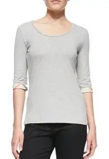 Burberry Brit Women's Nova Check Trim Cuff Cotton Top in Grey Melange Sz XS