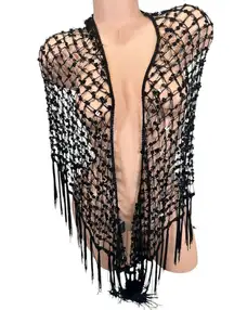 Vintage Black Gothic Lace Shawl Wrap Sequin Whimsigoth Stevie Fringe Open Front