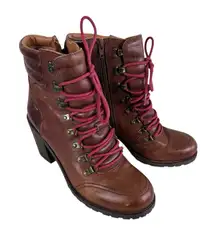 Lucky Brand Joss Brown Leather Block Heel Lace Up High Heeled Boots Size 10