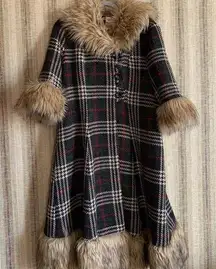 Vintage BANNED Plaid Faux Fur Trim Trench Coat Jacket Chic Fashion Designer