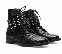 SCHUTZ • Marieta Studded Bootie ankle boot black croc embossed lace up combat
