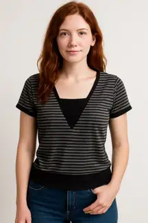 Romwe Black Gray Striped Short Sleeve Tee Shirt Large