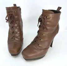 Stuart Weitzman Platform Lace Up‎ Leather Booties Brown Size 37