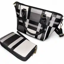 Black & White Plaid Purse & Wallet Set – Gold Tone Accents