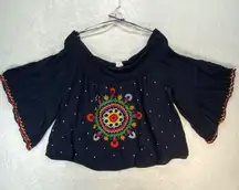 Mud Pie Embroidered Off Shoulder Top Bell Sleeve Bohemian Blouse L