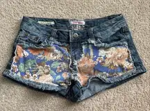 Hot Kiss Blue and Orange Cartoon Print Jean Shorts