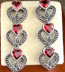 Sterling Silver Marcasite & Garnet Heart Drop Earrings