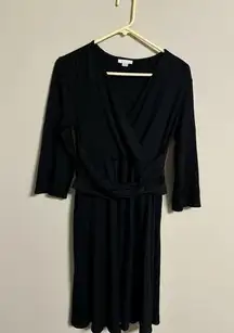 Garnet Hill Black Peplum Dress Size Medium V Neck 3/4 Sleeves Knee Length Wool